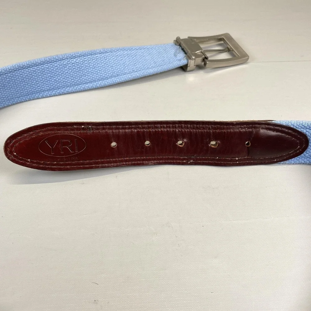 YRI Belt Mens Light Blue Horse Ribbon Canvas Leather Buckle Equestrian